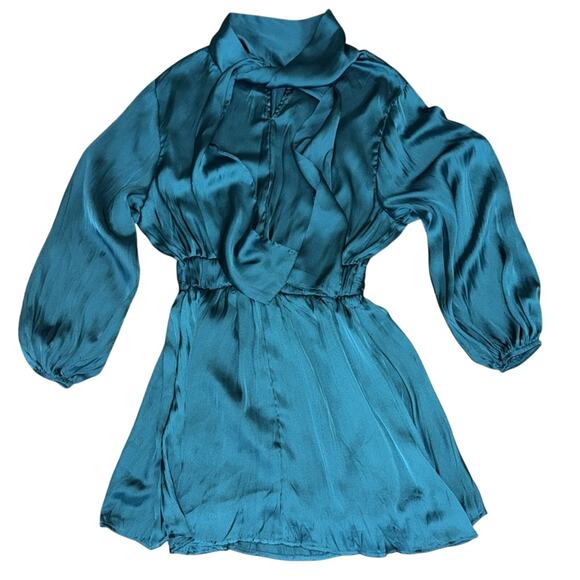 Zara Pleated Satin Effect Mini Dress Teal Size XS - Picture 4 of 5